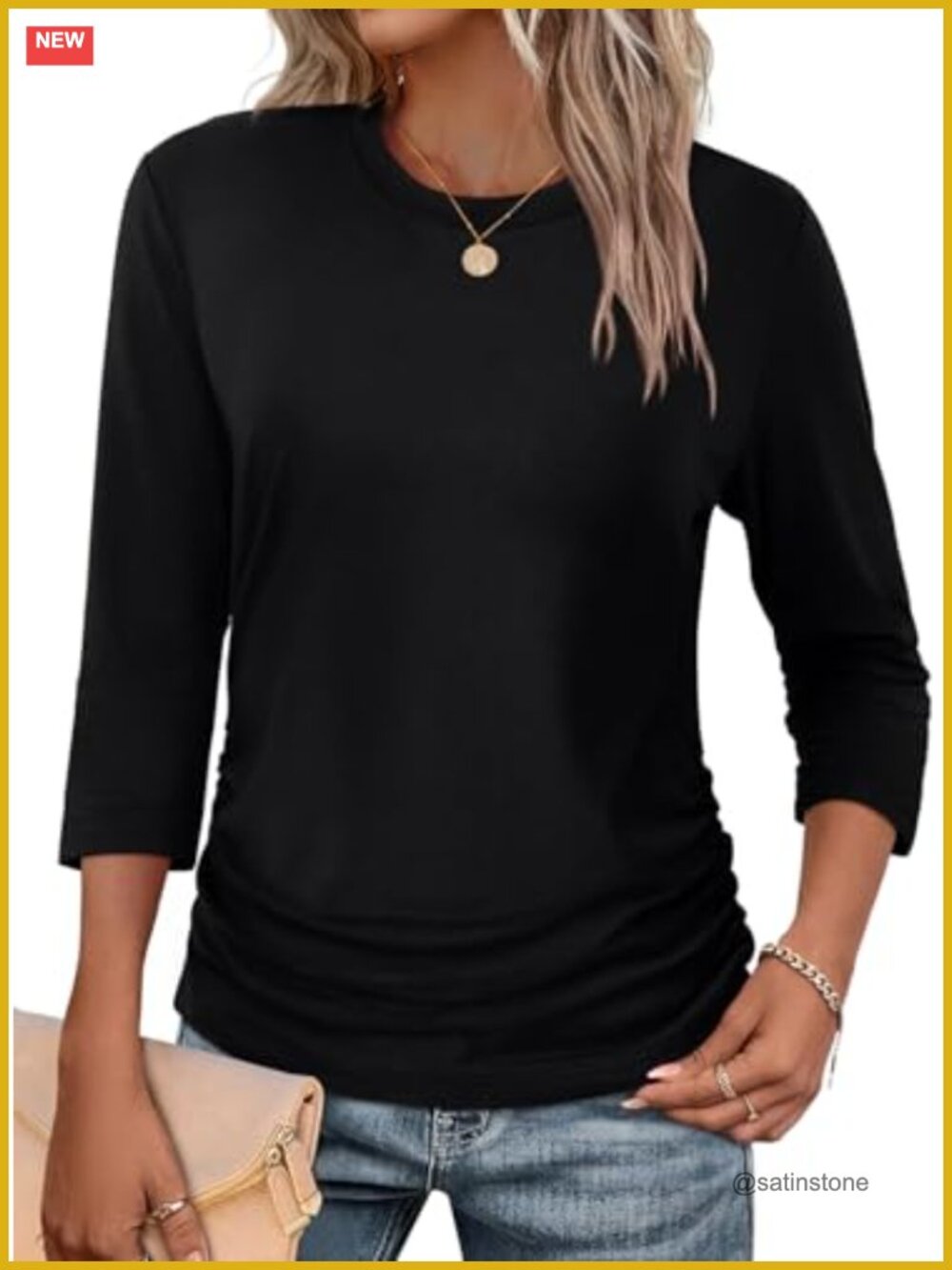 Women's 3/4 Sleeve Tops Crewneck Ruched Business Casual Blouse